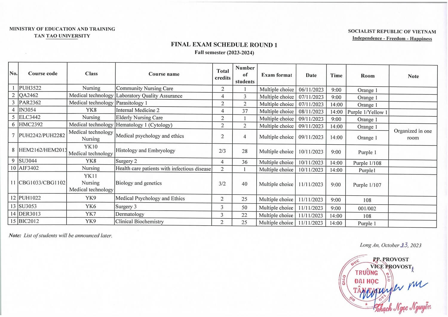Fall 2023 Final exam schedule round 1 1