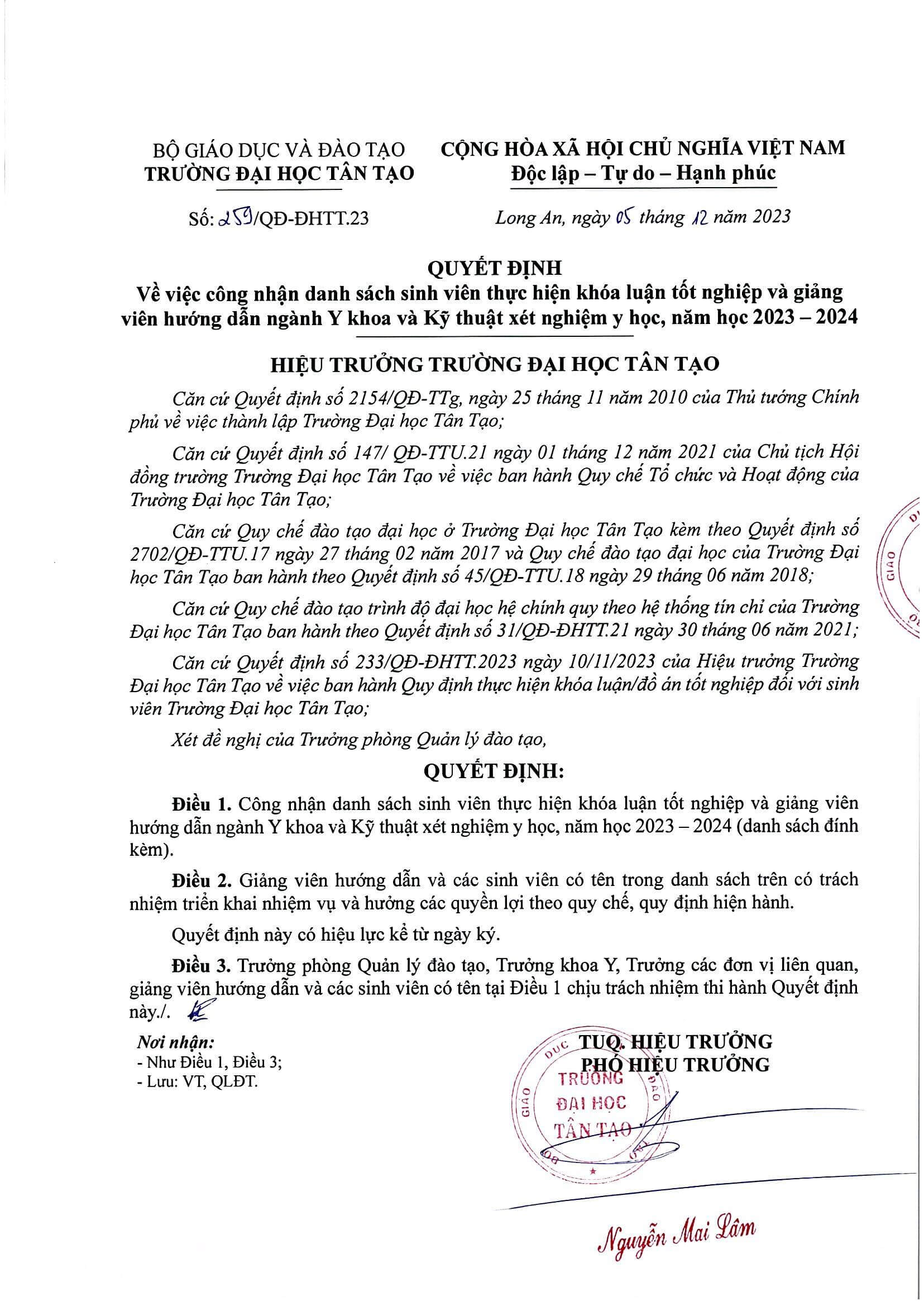 259 QĐ ĐHTT.23 công nhận DSSV thực hiện KLTN và GVHD Page 1 1